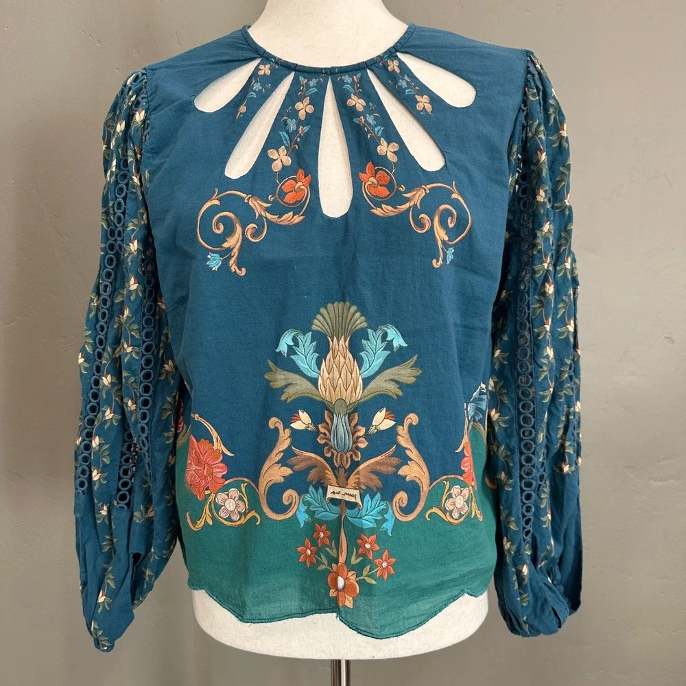 Farm Rio Cutout Blouse M Teal Blue Cutout Boho Peasant Anthropologie Romantic
